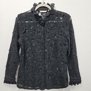 Soft Surroundings Lasalle Womens S Black Lace Sheer Gothic Crochet Button Up Top